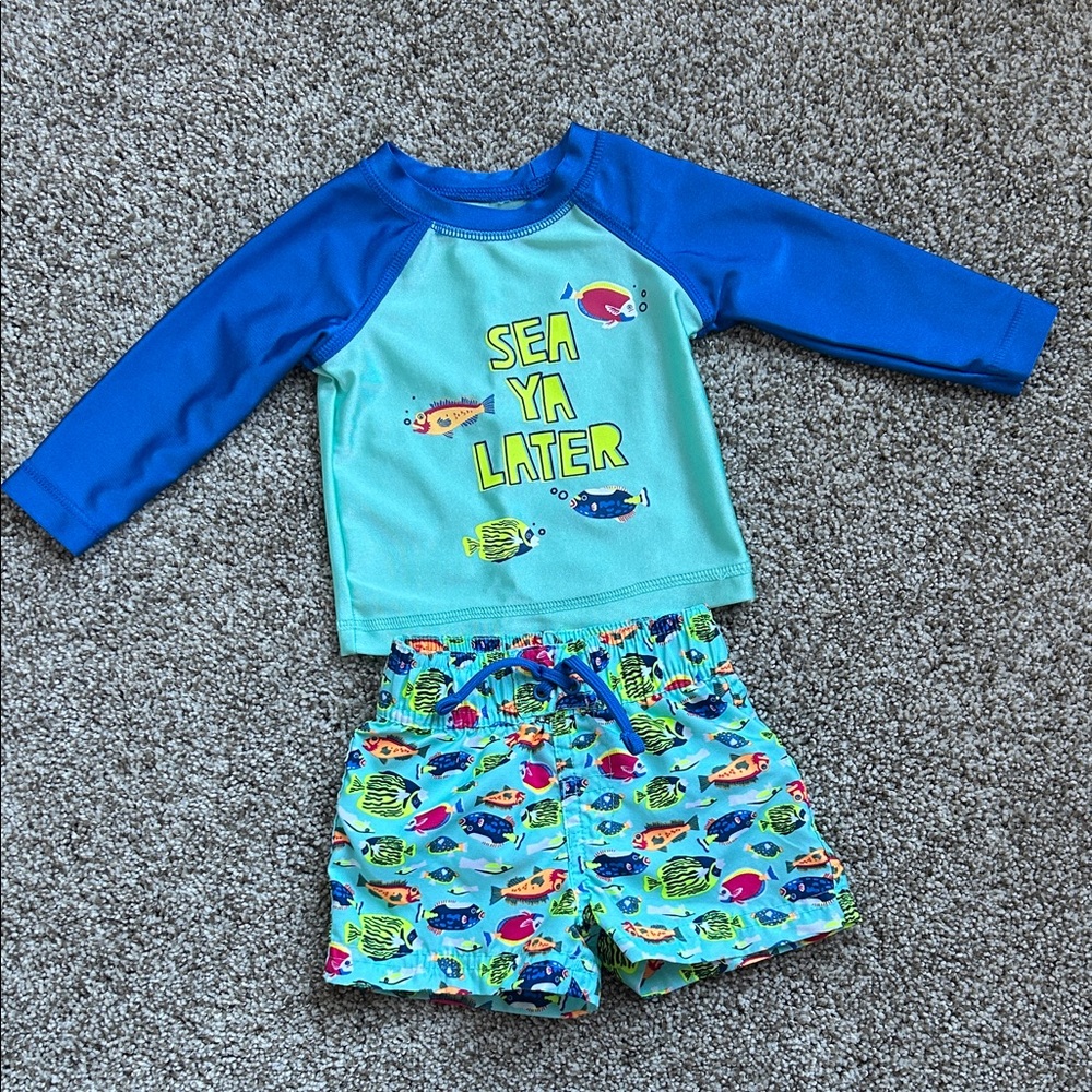 Wave Zone Baby Boy 2 Piece Swim Set - Turquoise with Fish, Size 0-3 Months